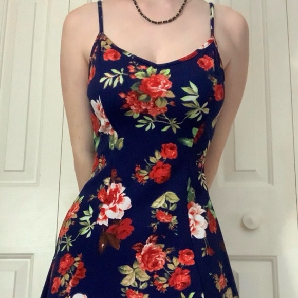 Ambiance Navy Floral Midi Dress with Roses - Picture 1 of 3